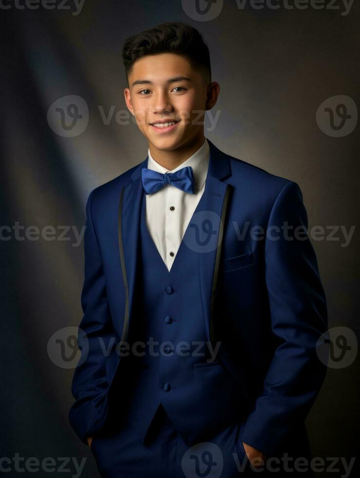 sorridente giovane uomo di asiatico discesa vestito nel completo da uomo su grigio sfondo ai generativo foto