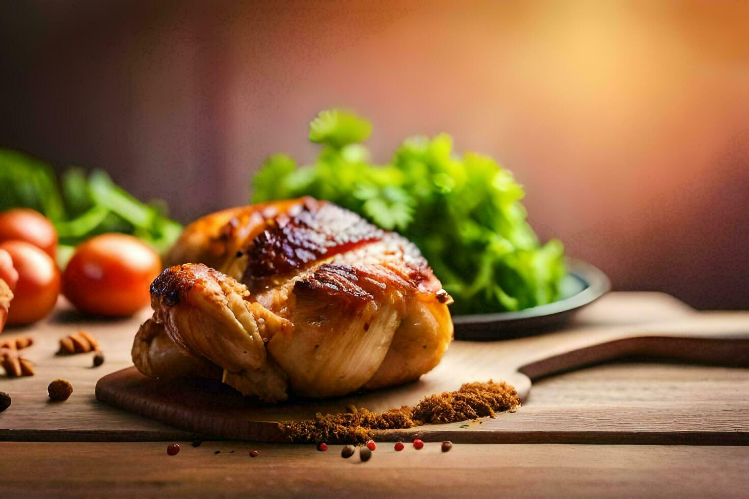 un' pollo su un' taglio tavola con verdure e spezie. ai-generato foto