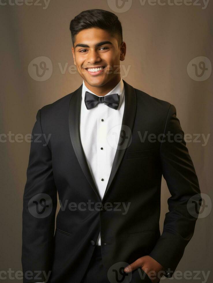 sorridente giovane uomo di asiatico discesa vestito nel completo da uomo su grigio sfondo ai generativo foto