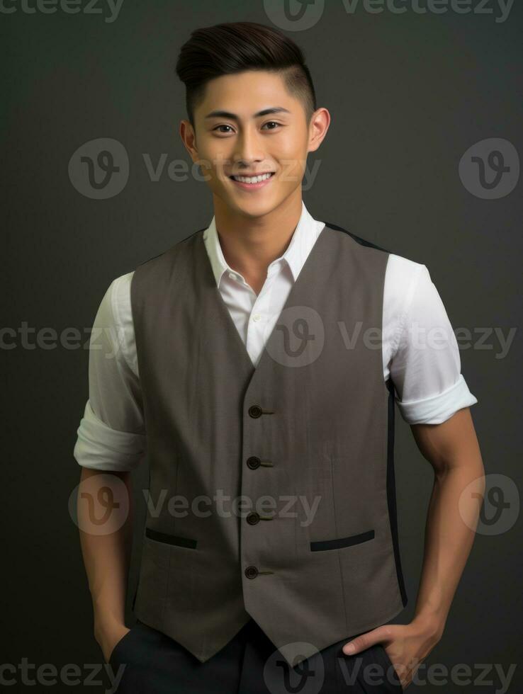 sorridente giovane uomo di asiatico discesa vestito nel completo da uomo su grigio sfondo ai generativo foto