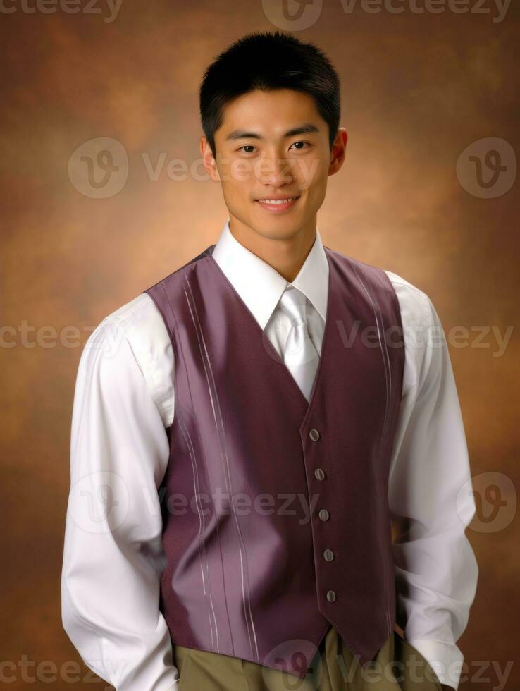 sorridente giovane uomo di asiatico discesa vestito nel completo da uomo su grigio sfondo ai generativo foto