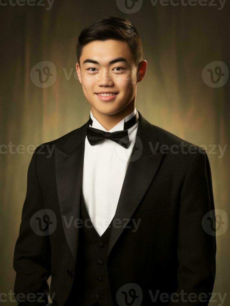 sorridente giovane uomo di asiatico discesa vestito nel completo da uomo su grigio sfondo ai generativo foto