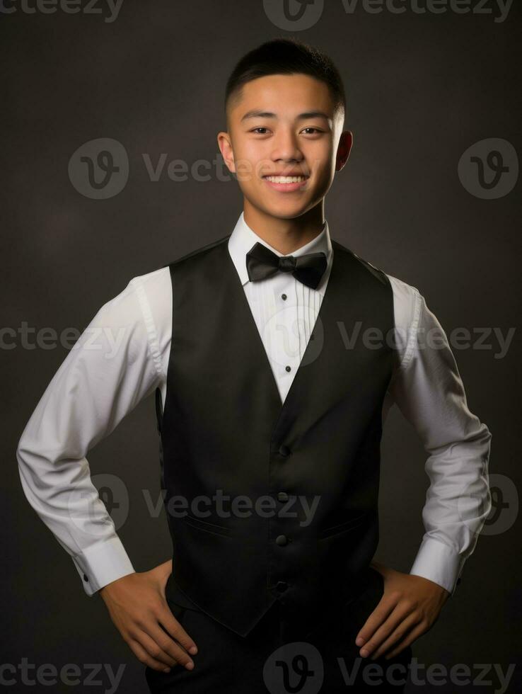 sorridente giovane uomo di asiatico discesa vestito nel completo da uomo su grigio sfondo ai generativo foto