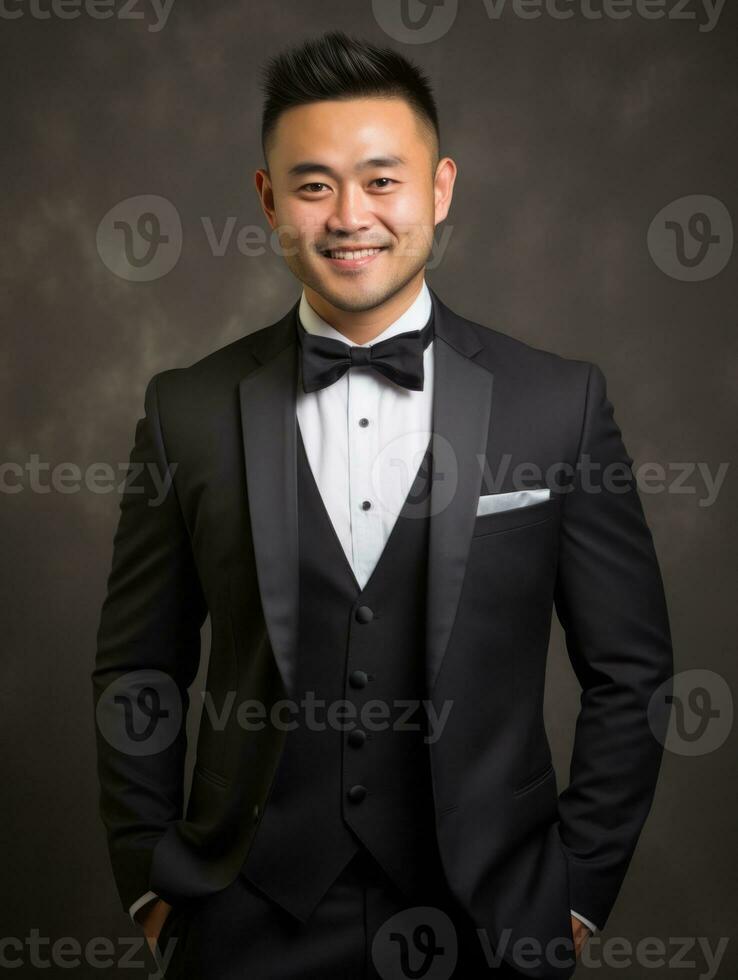 sorridente giovane uomo di asiatico discesa vestito nel completo da uomo su grigio sfondo ai generativo foto