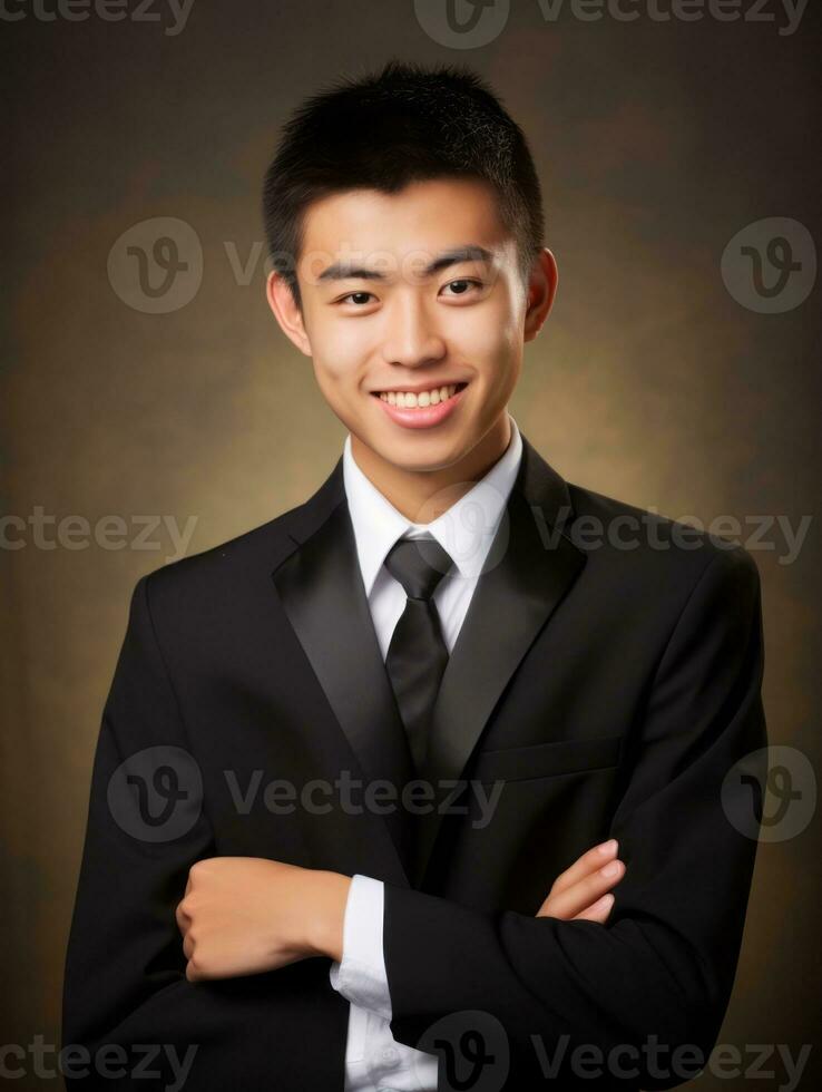 sorridente giovane uomo di asiatico discesa vestito nel completo da uomo su grigio sfondo ai generativo foto