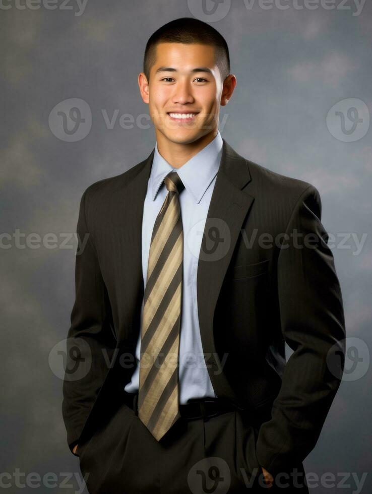 sorridente giovane uomo di asiatico discesa vestito nel completo da uomo su grigio sfondo ai generativo foto