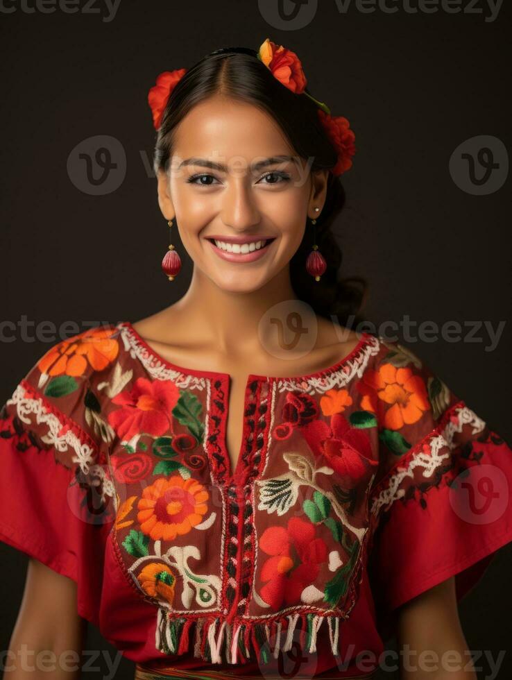 sorridente giovane donna di messicano discesa vestito nel elegante vestito su grigio sfondo ai generativo foto