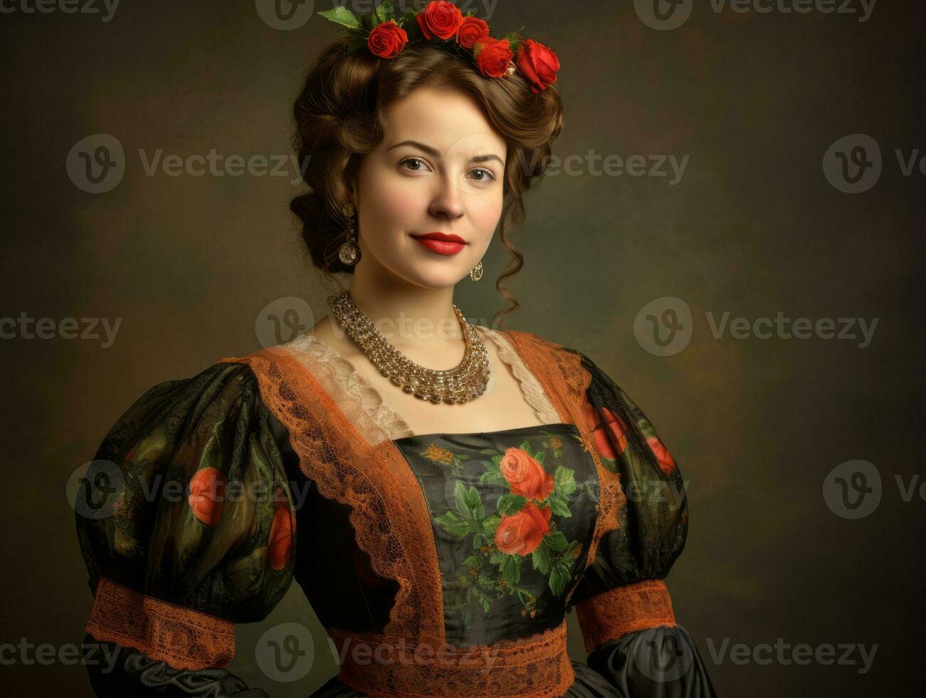 sorridente giovane donna di messicano discesa vestito nel elegante vestito su grigio sfondo ai generativo foto