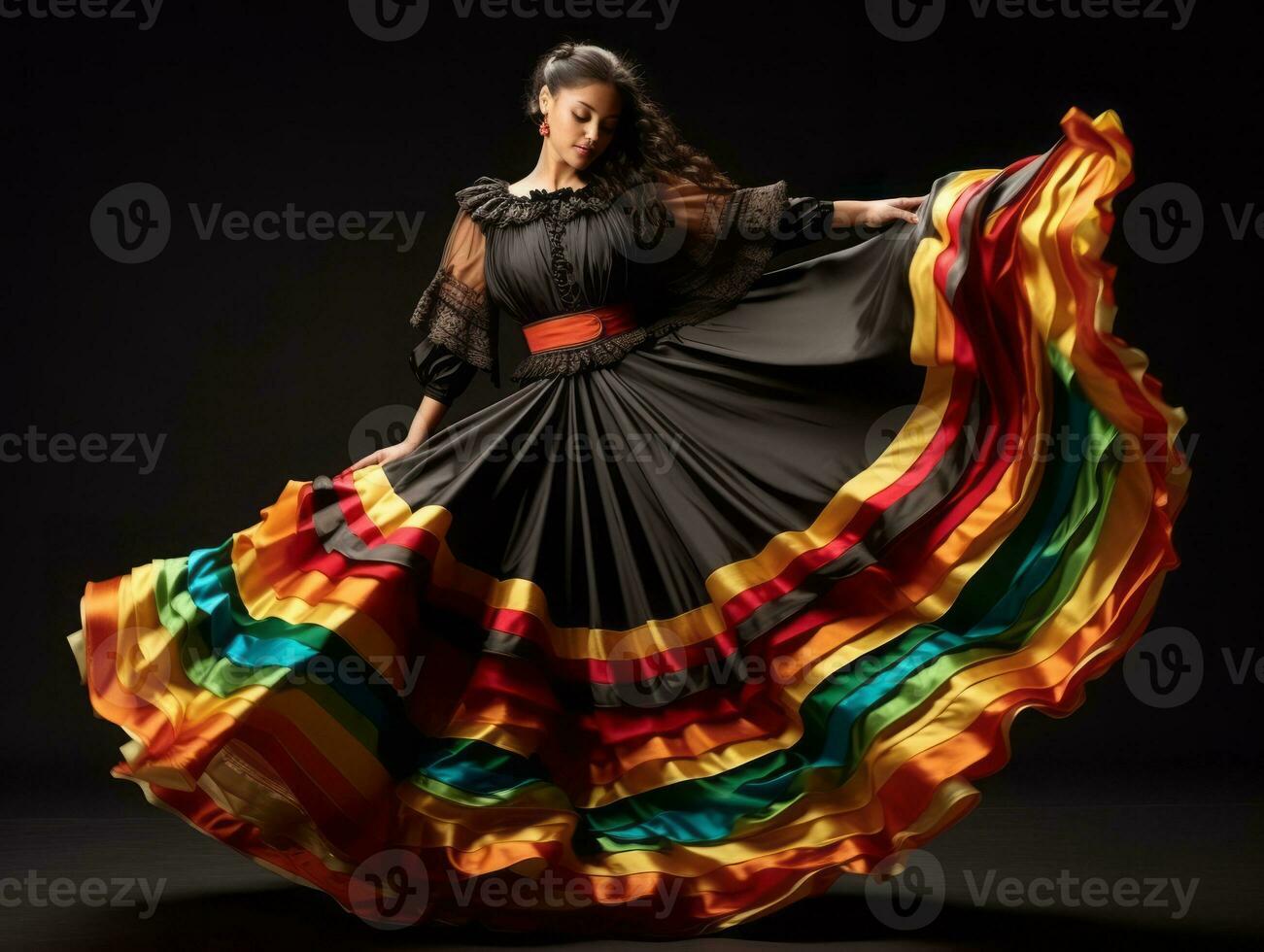 sorridente giovane donna di messicano discesa vestito nel elegante vestito su grigio sfondo ai generativo foto