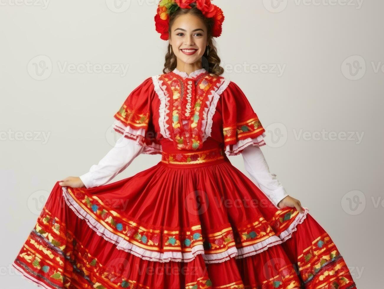 sorridente giovane donna di messicano discesa vestito nel elegante vestito su grigio sfondo ai generativo foto