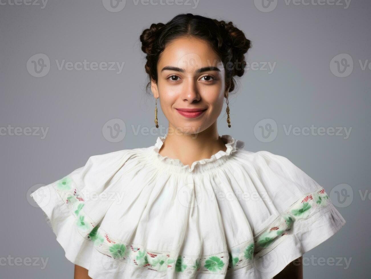 sorridente giovane donna di messicano discesa vestito nel elegante vestito su grigio sfondo ai generativo foto