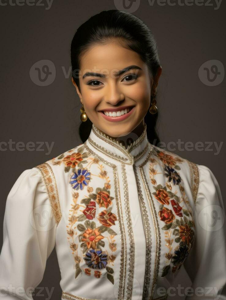 sorridente giovane donna di messicano discesa vestito nel elegante vestito su grigio sfondo ai generativo foto