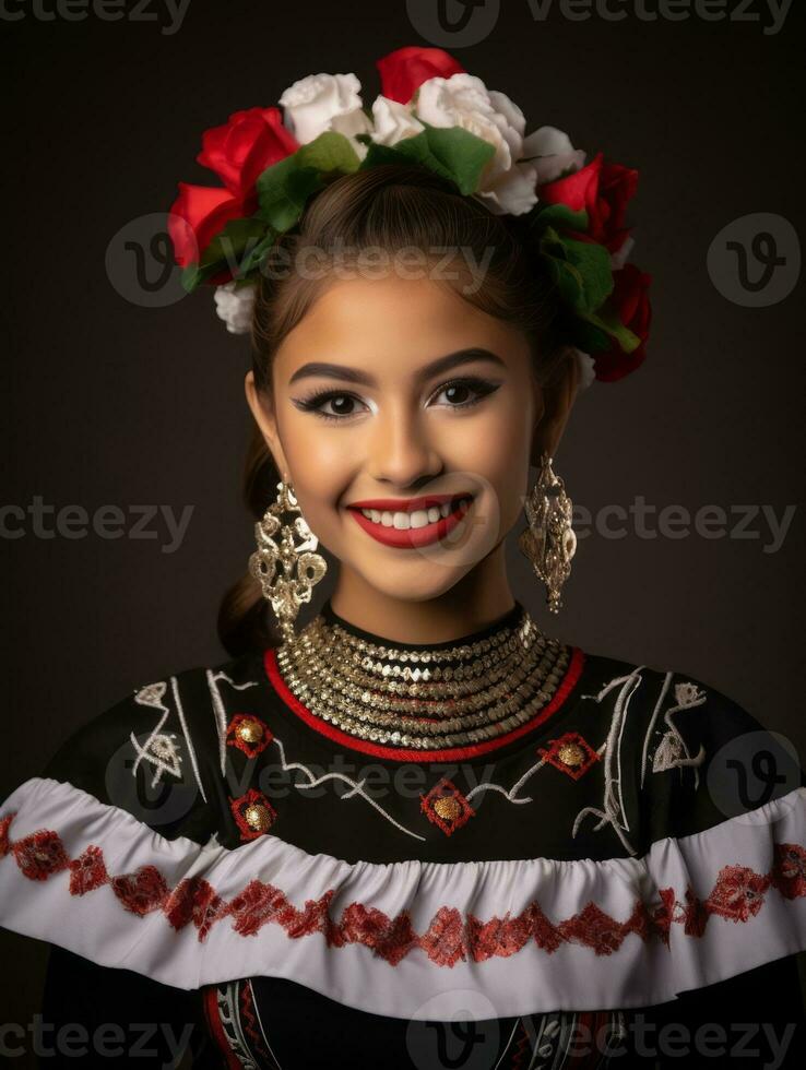 sorridente giovane donna di messicano discesa vestito nel elegante vestito su grigio sfondo ai generativo foto