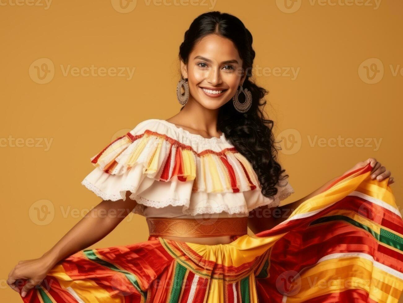 sorridente giovane donna di messicano discesa vestito nel elegante vestito su grigio sfondo ai generativo foto