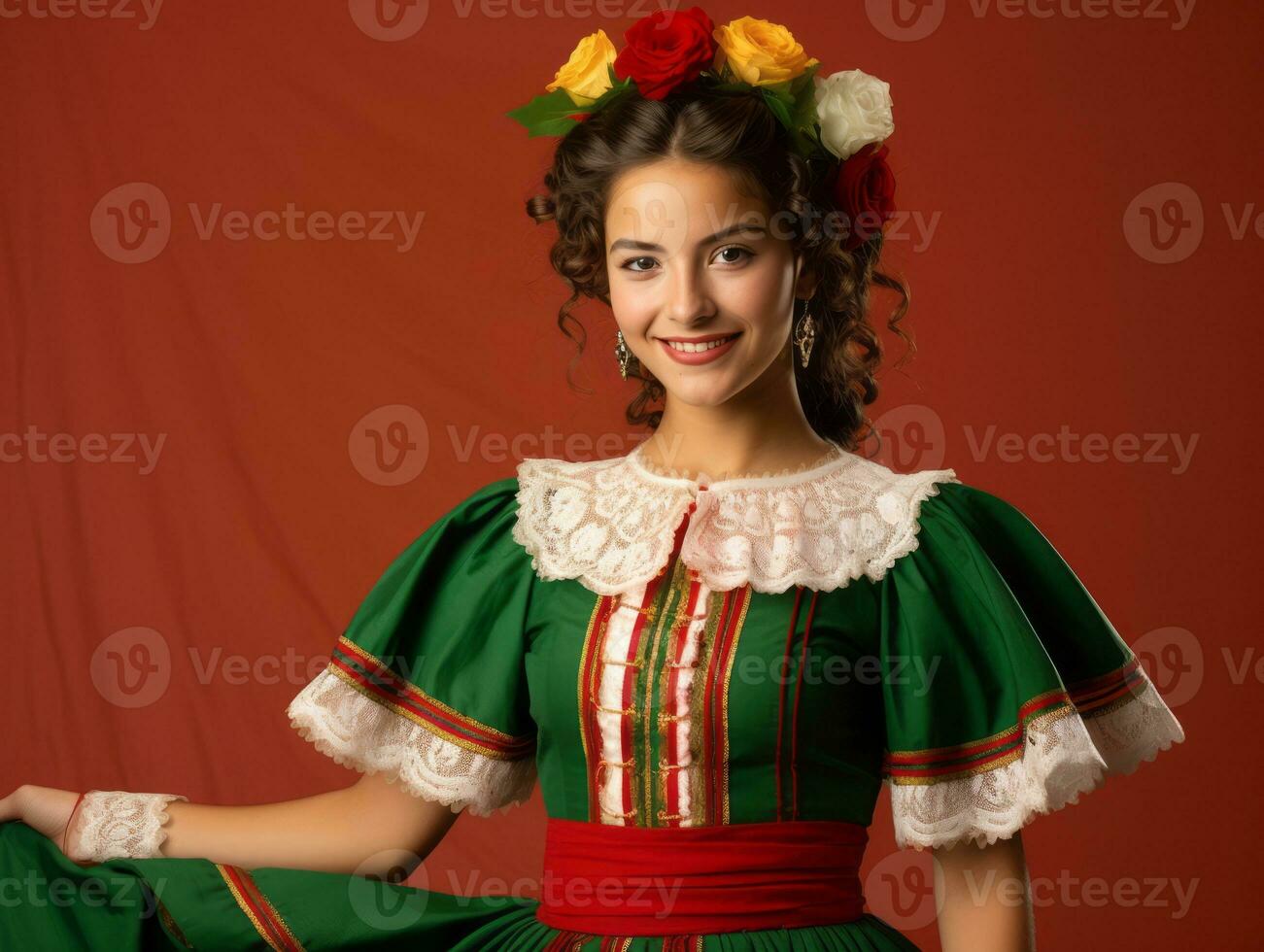 sorridente giovane donna di messicano discesa vestito nel elegante vestito su grigio sfondo ai generativo foto