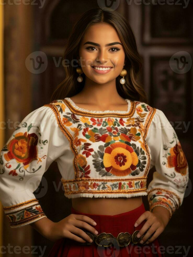 sorridente giovane donna di messicano discesa vestito nel elegante vestito su grigio sfondo ai generativo foto