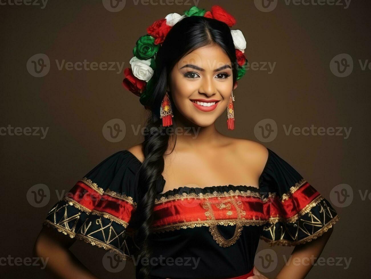 sorridente giovane donna di messicano discesa vestito nel elegante vestito su grigio sfondo ai generativo foto