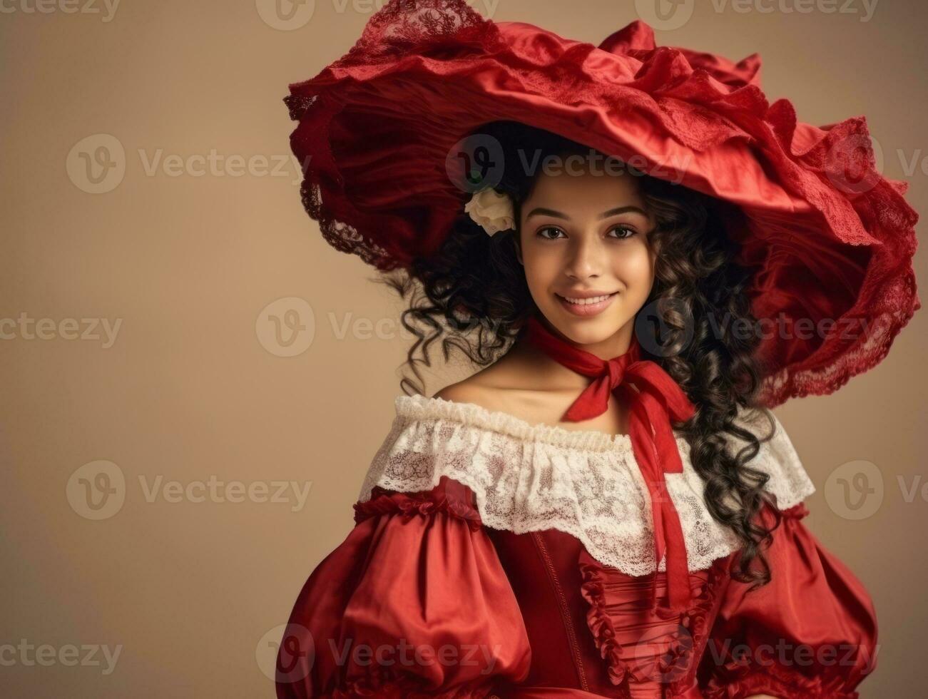 sorridente giovane donna di messicano discesa vestito nel elegante vestito su grigio sfondo ai generativo foto