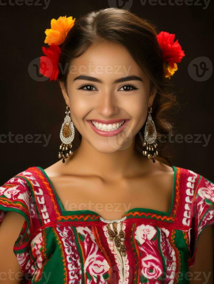 sorridente giovane donna di messicano discesa vestito nel elegante vestito su grigio sfondo ai generativo foto