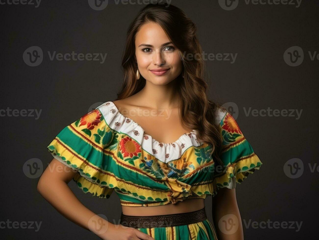 sorridente giovane donna di messicano discesa vestito nel elegante vestito su grigio sfondo ai generativo foto