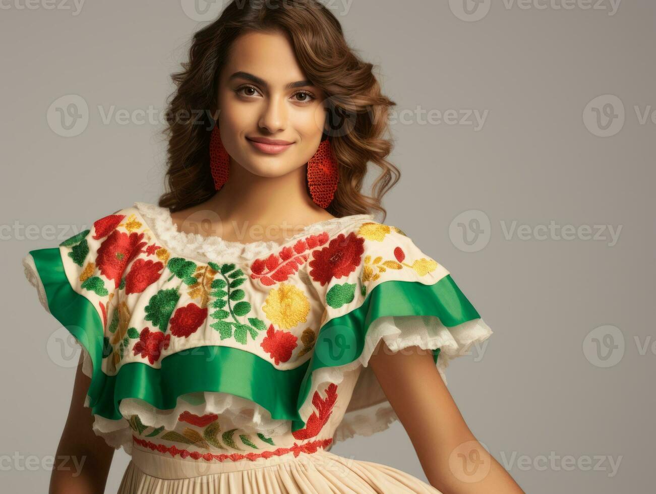 sorridente giovane donna di messicano discesa vestito nel elegante vestito  su grigio sfondo ai generativo 31523672 Stock Photo su Vecteezy