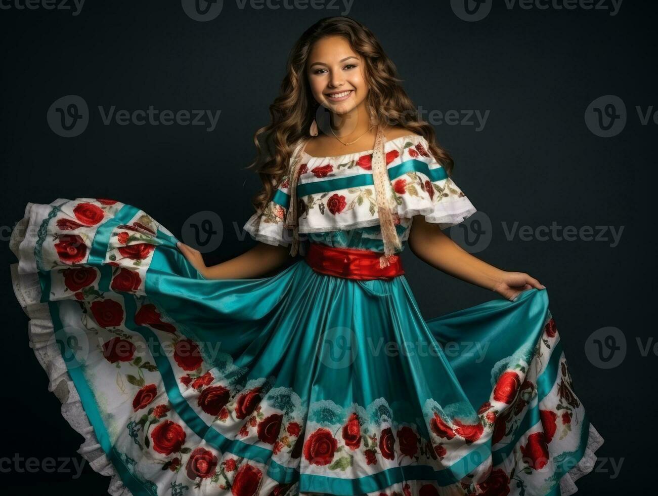 sorridente giovane donna di messicano discesa vestito nel elegante vestito su grigio sfondo ai generativo foto