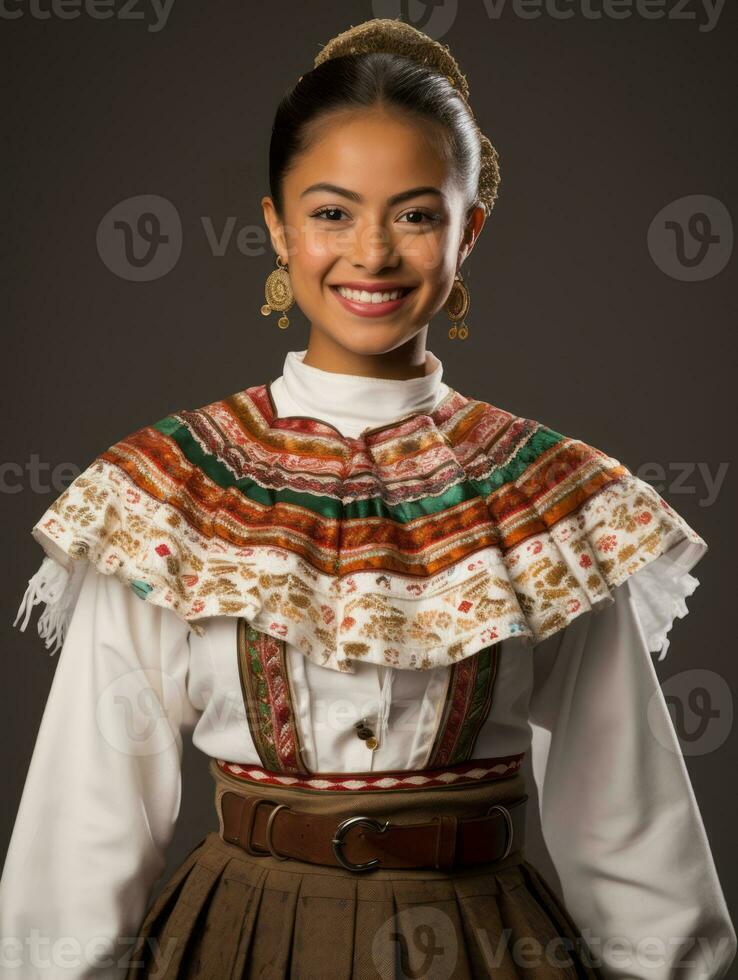 sorridente giovane donna di messicano discesa vestito nel elegante vestito su grigio sfondo ai generativo foto