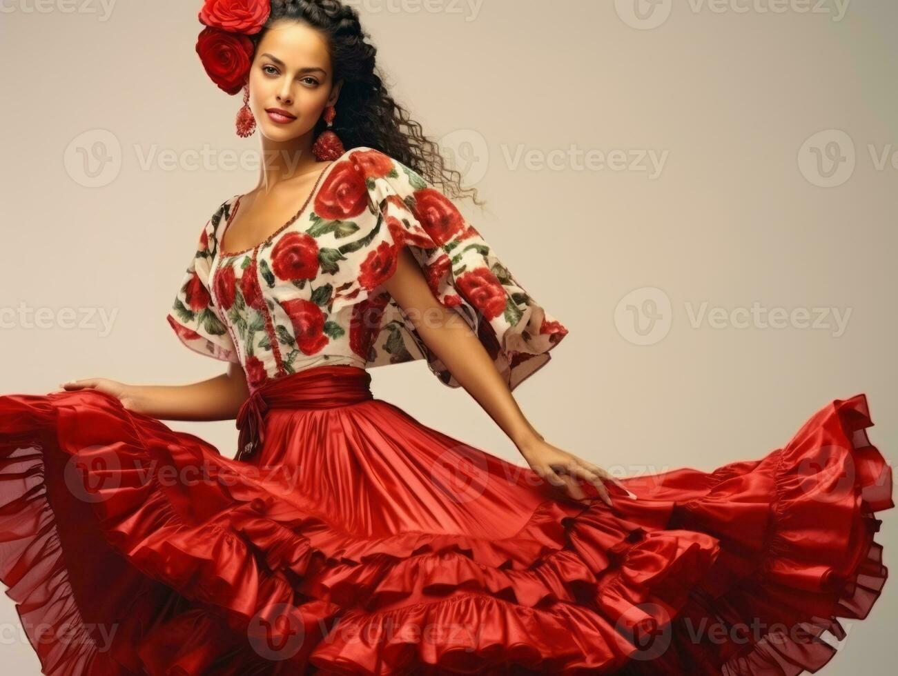 sorridente giovane donna di messicano discesa vestito nel elegante vestito su grigio sfondo ai generativo foto