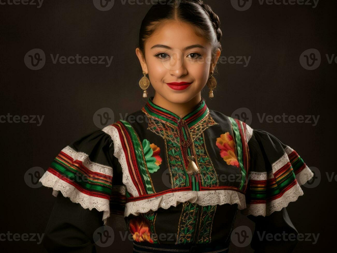 sorridente giovane donna di messicano discesa vestito nel elegante vestito su grigio sfondo ai generativo foto