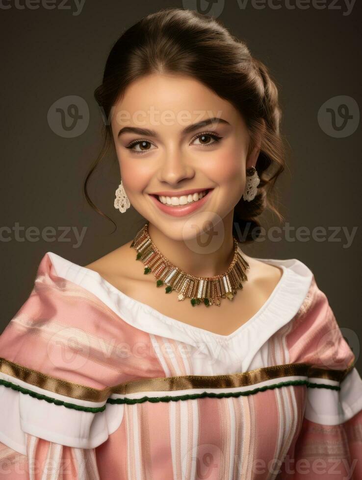 sorridente giovane donna di messicano discesa vestito nel elegante vestito su grigio sfondo ai generativo foto