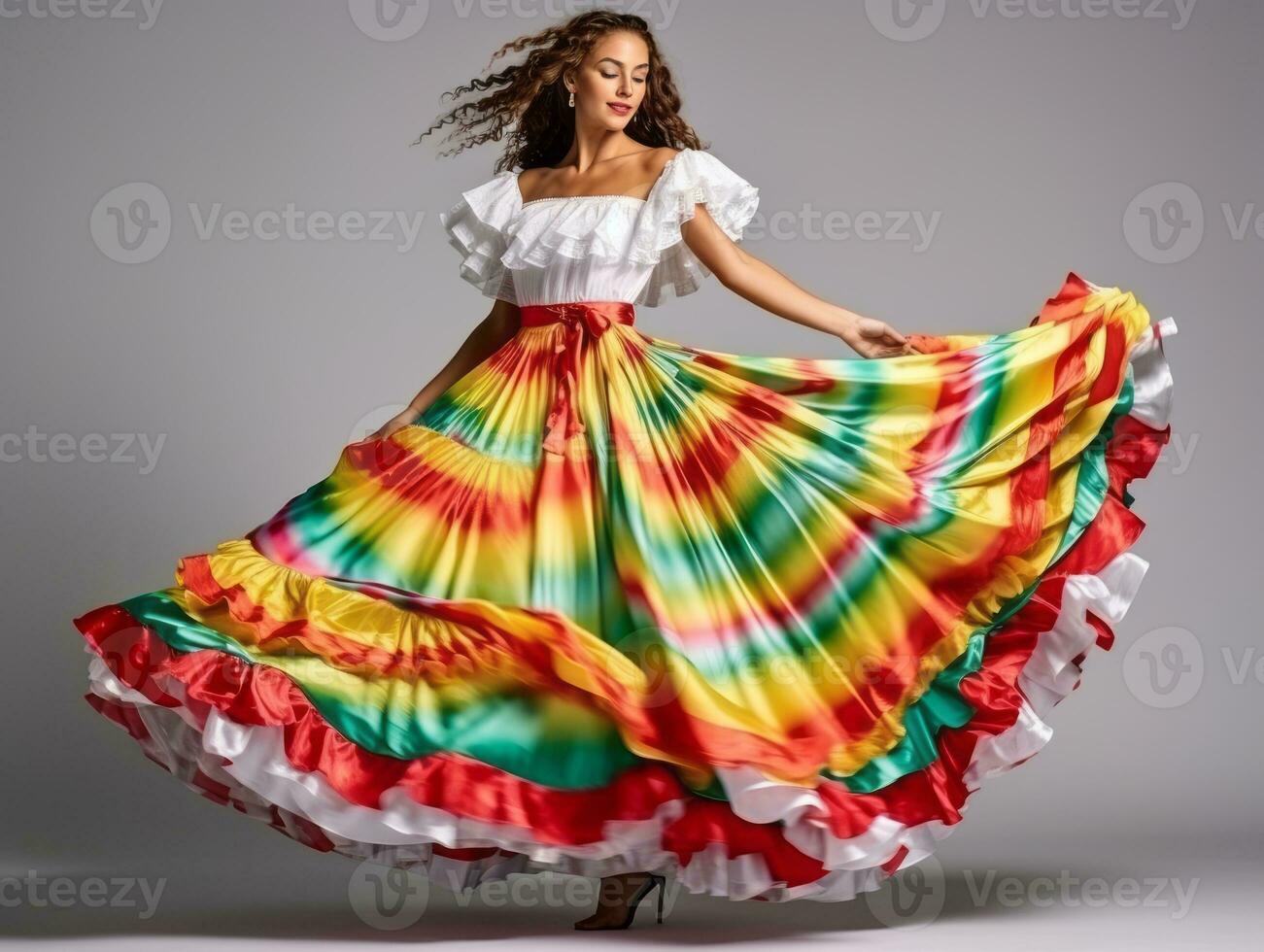 sorridente giovane donna di messicano discesa vestito nel elegante vestito  su grigio sfondo ai generativo 31524288 Stock Photo su Vecteezy