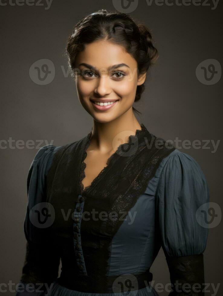 sorridente giovane donna di messicano discesa vestito nel elegante vestito su grigio sfondo ai generativo foto