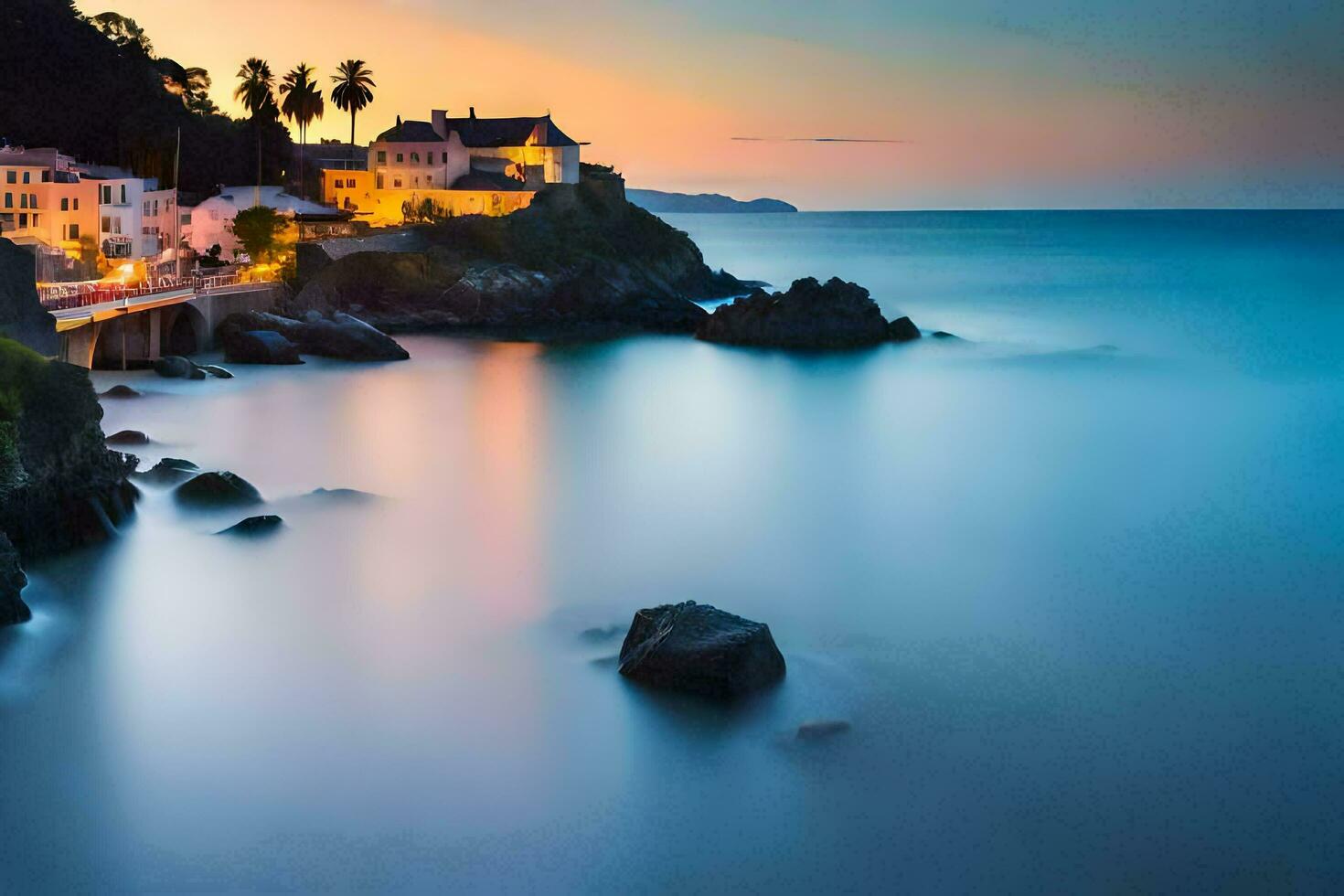 un' lungo esposizione fotografia di un' cittadina su il costa. ai-generato foto