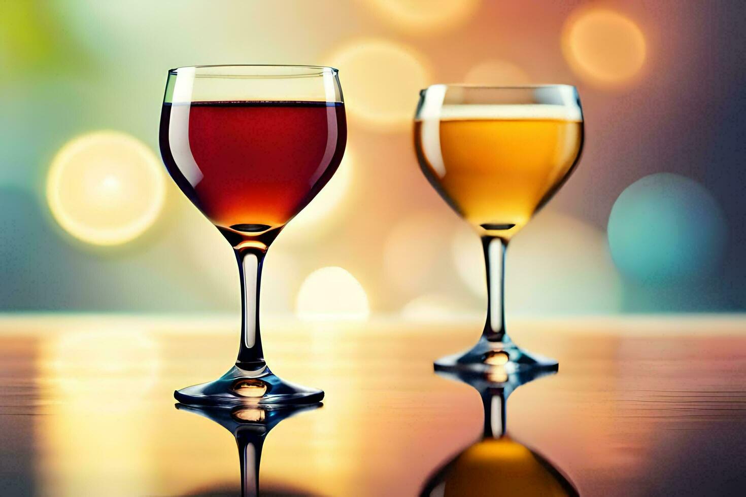 Due bicchieri di vino su un' tavolo con un' sfocato sfondo. ai-generato foto