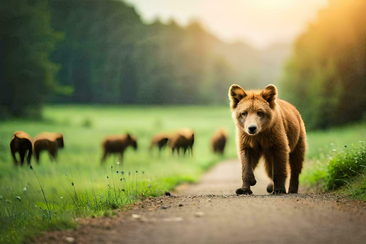 un' Marrone orso a piedi lungo un' strada con altro animali. ai-generato foto