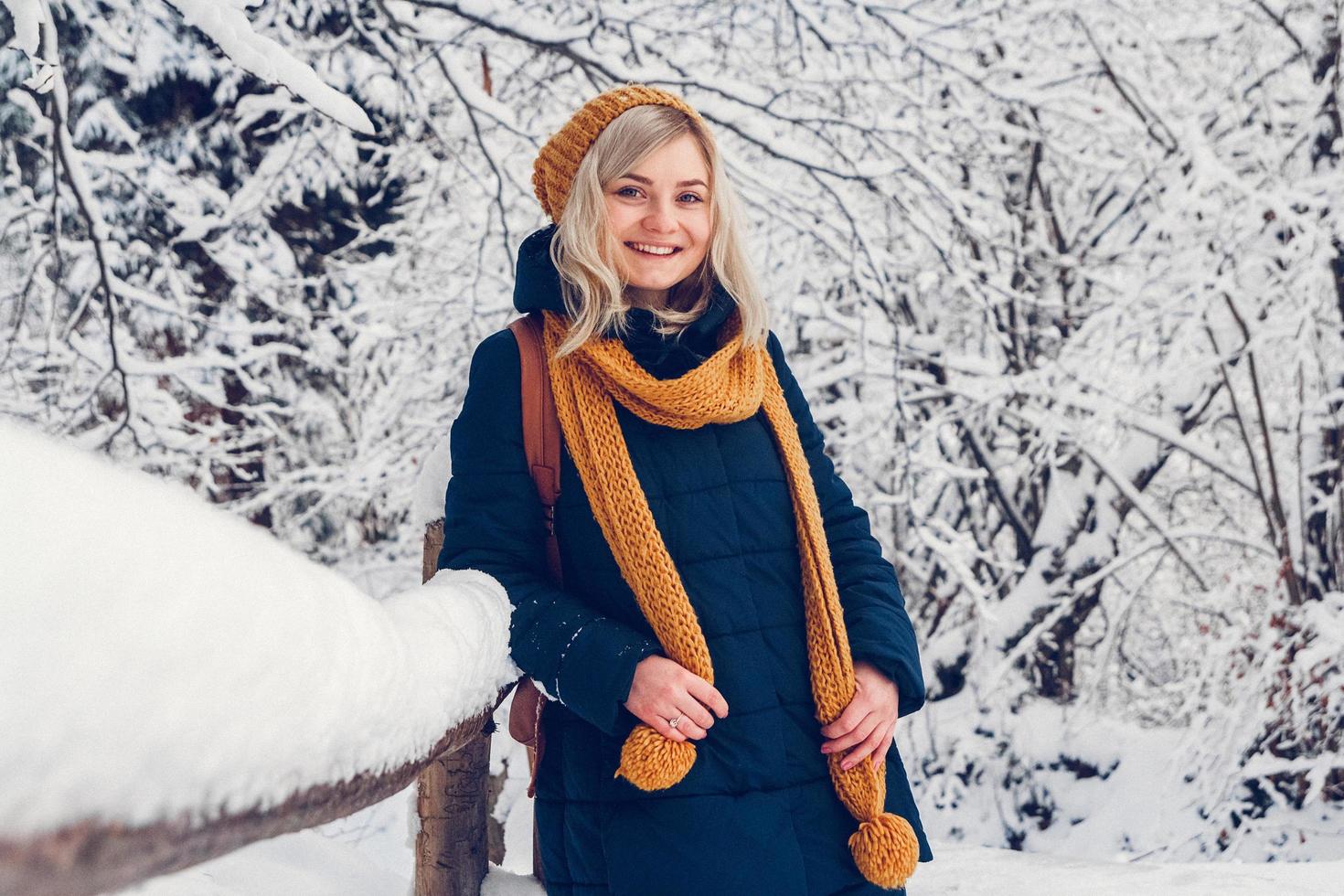 bella ragazza in un parco invernale cammina nella foresta invernale foto