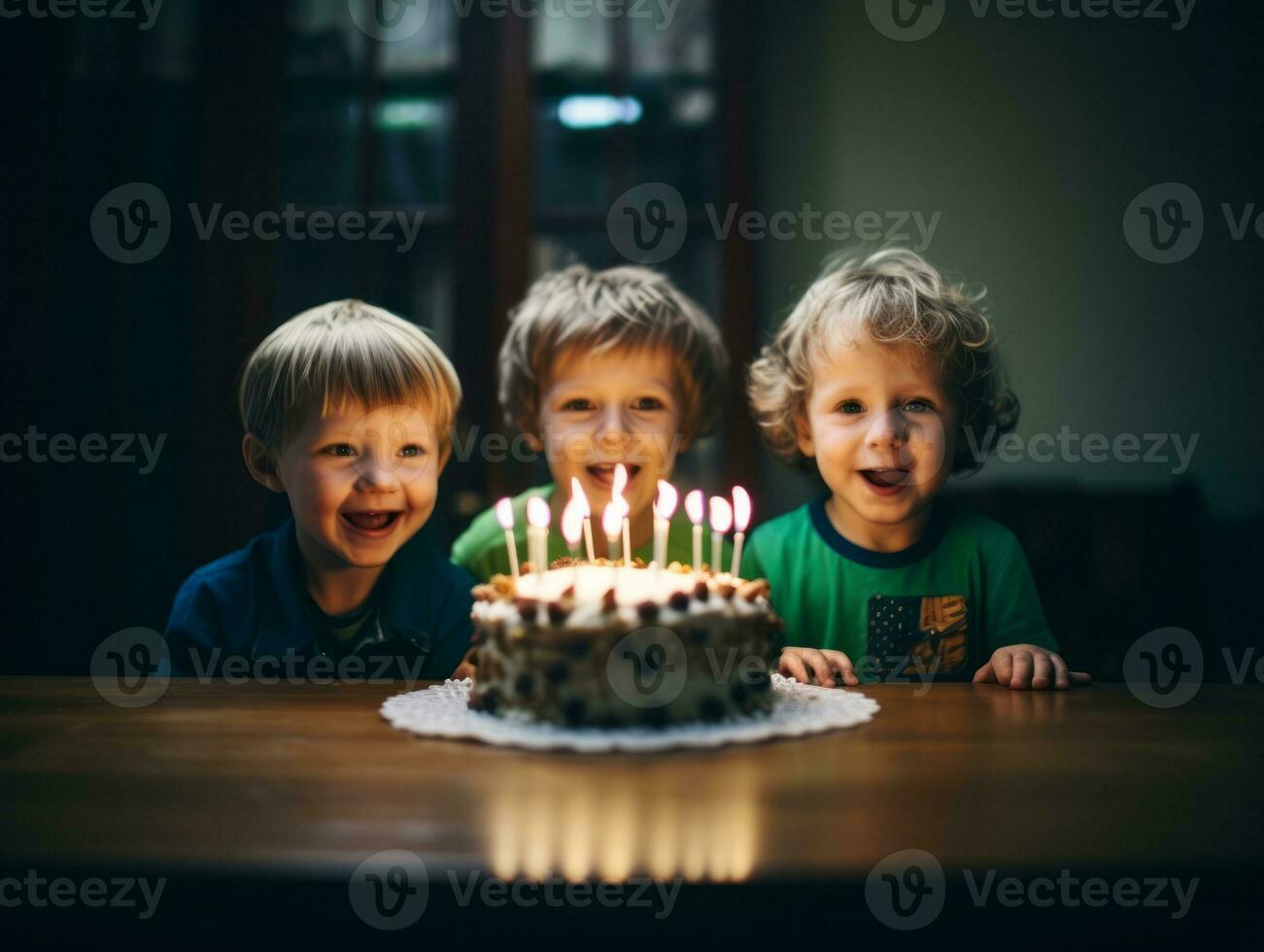 bambino soffiaggio su il candele su loro compleanno torta ai generativo foto