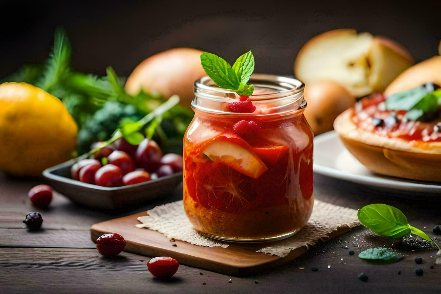 un' vaso di frutta e verdure su un' tavolo. ai-generato foto