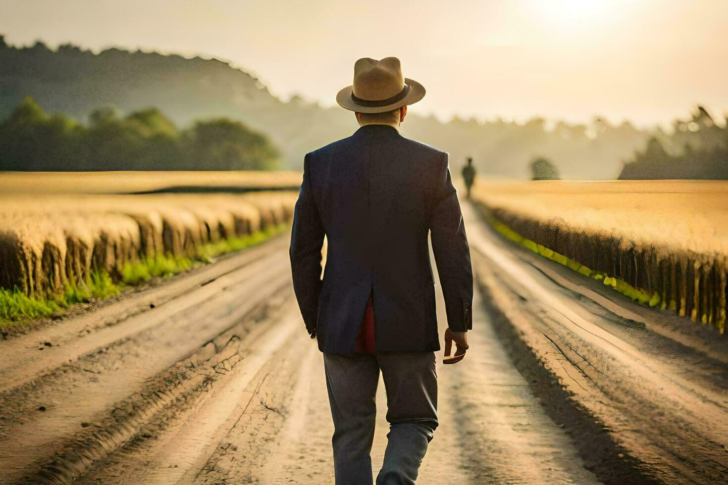 un' uomo nel un' completo da uomo e cappello a piedi giù un' sporco strada. ai-generato foto