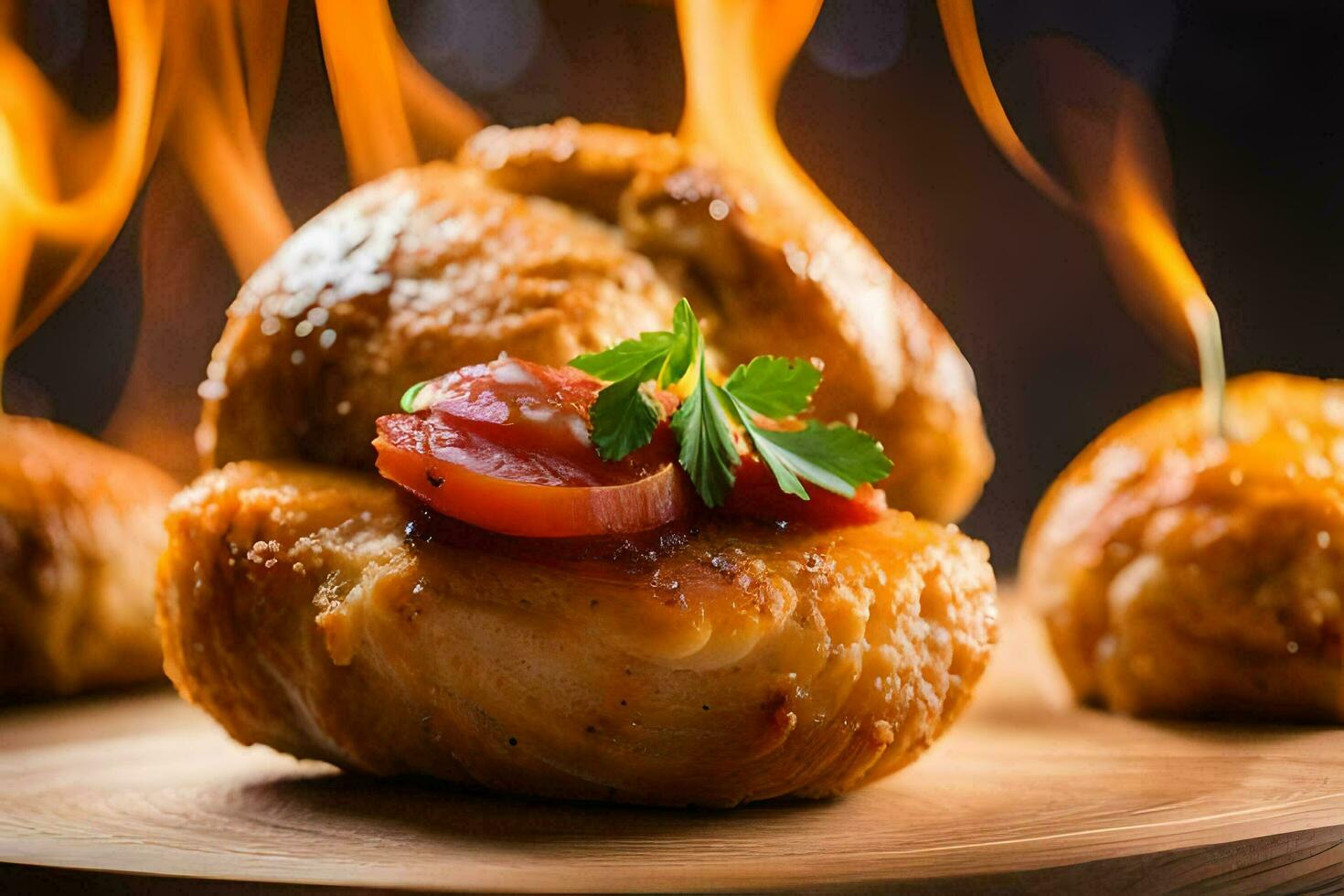 al forno pane con carne e erbe aromatiche su un' di legno tavola. ai-generato foto