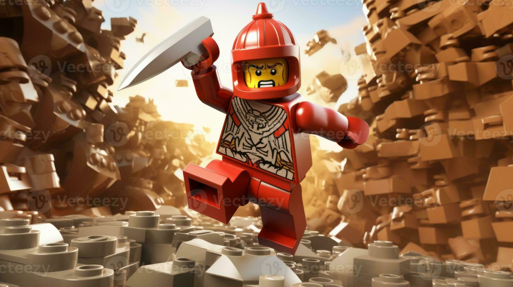 Lego personaggio esplorando un' epico Lego mondo ai generativo foto