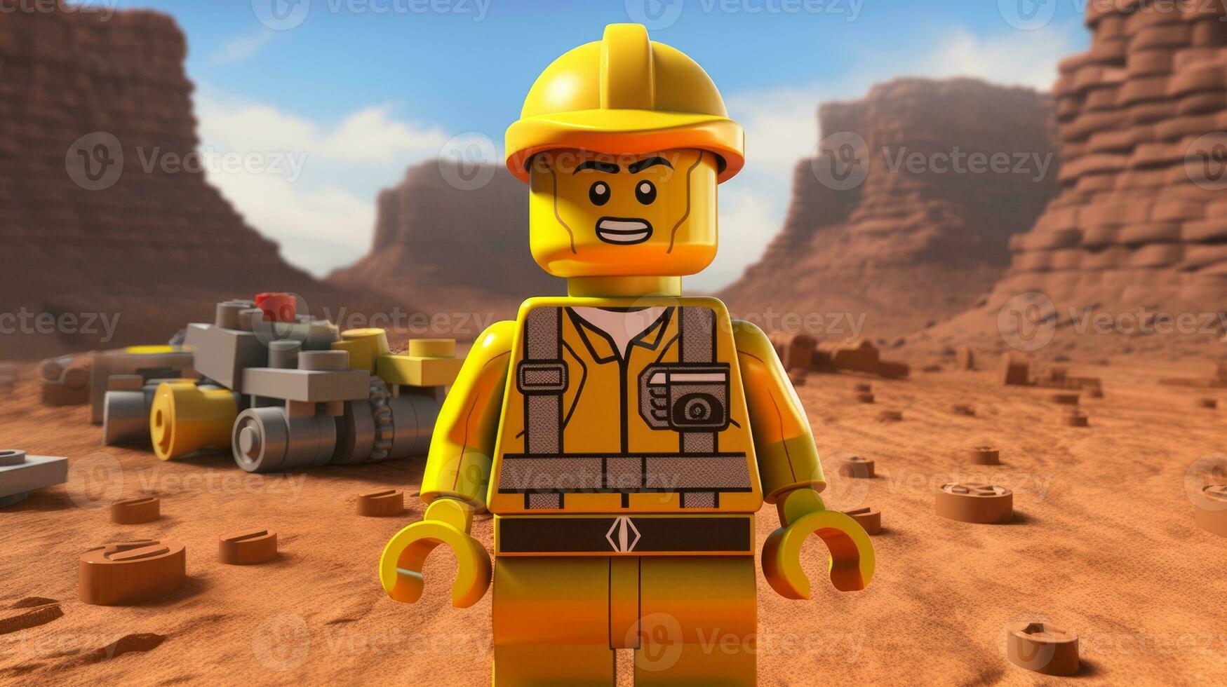 Lego personaggio esplorando un' epico Lego mondo ai generativo foto