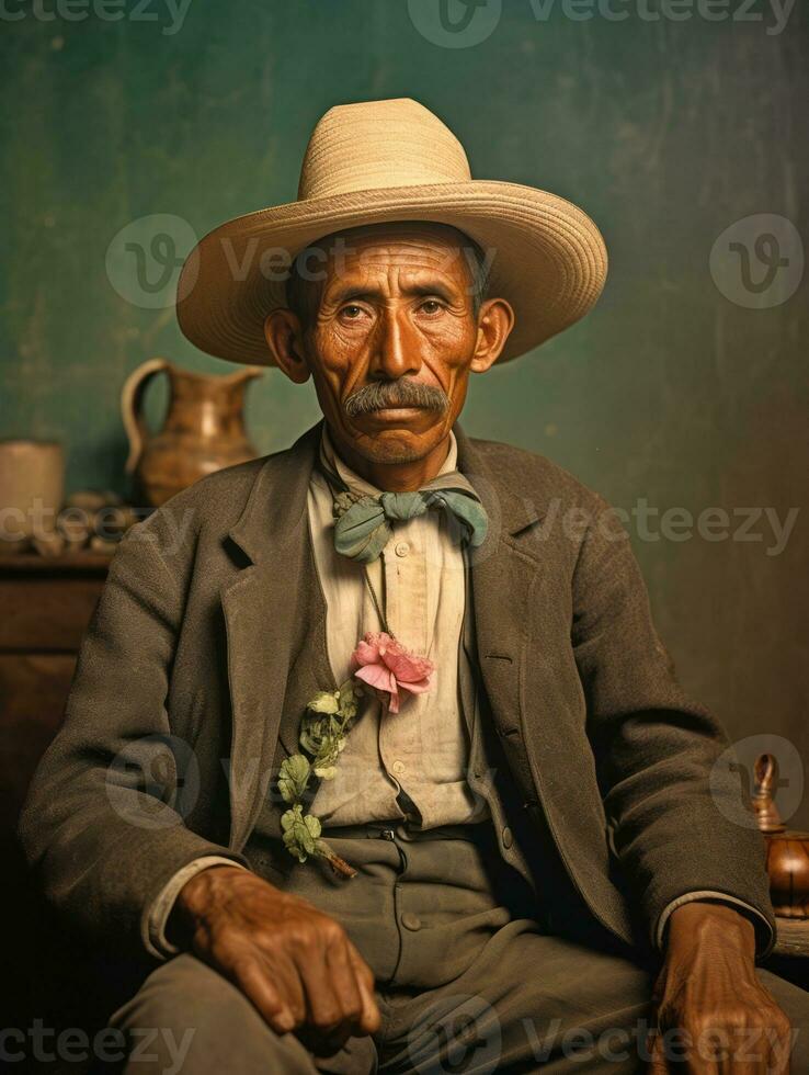 vecchio colorato foto di un' messicano uomo a partire dal il presto 1900 ai generativo