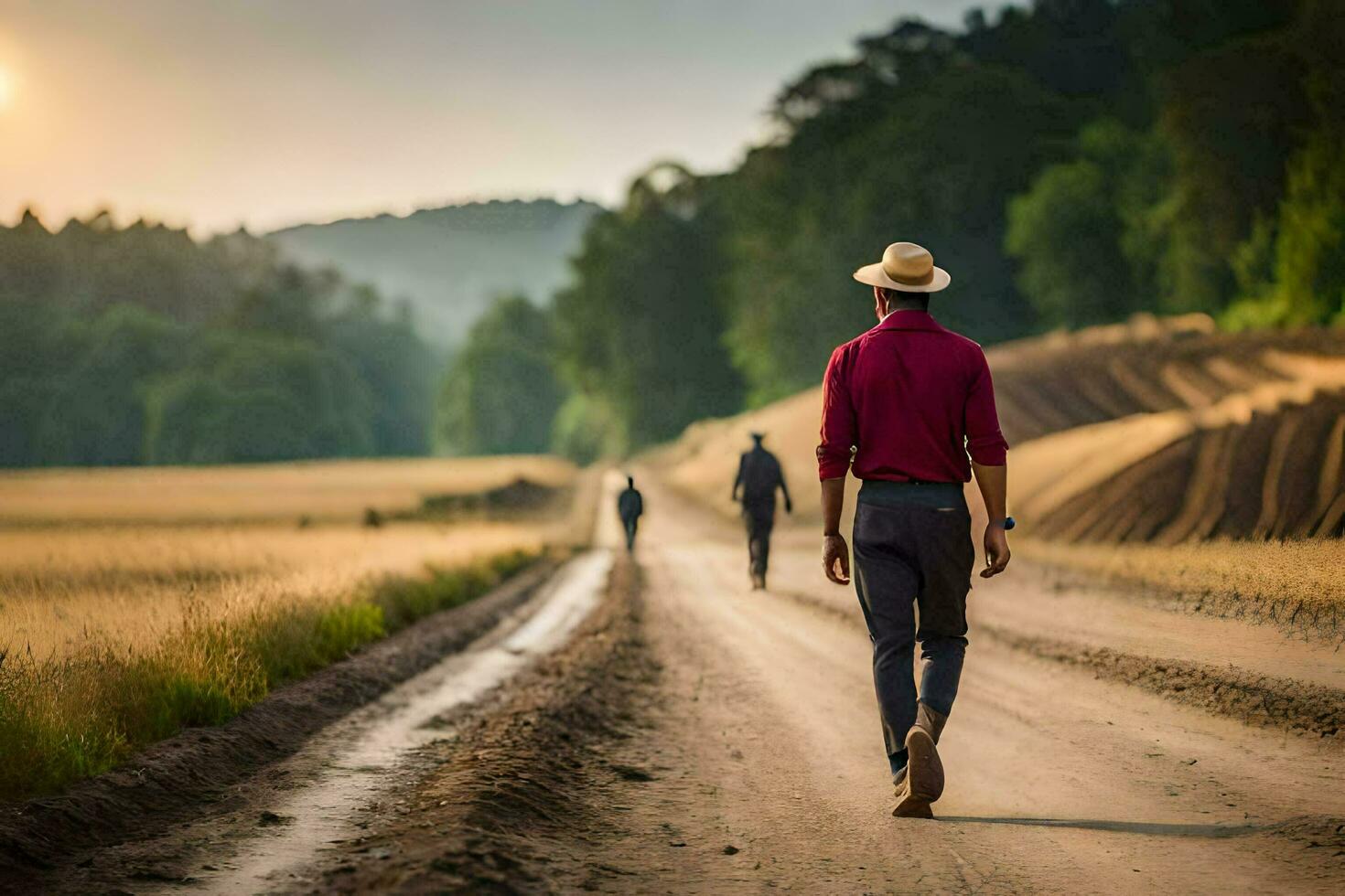 un' uomo a piedi giù un' sporco strada con un' cappello Su. ai-generato foto