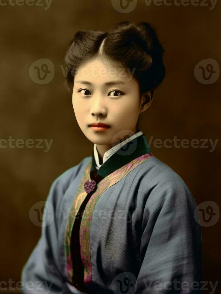 vecchio colorato foto di un' asiatico donna a partire dal il presto 1900 ai generativo