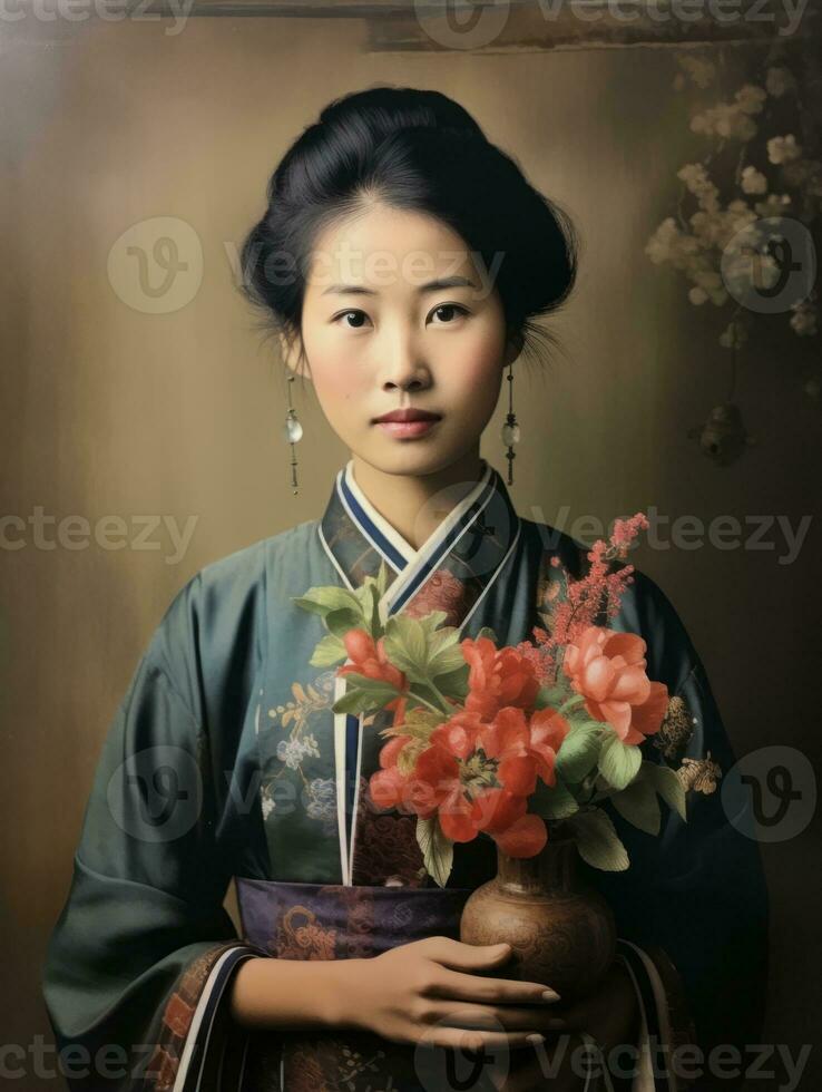 vecchio colorato foto di un' asiatico donna a partire dal il presto 1900 ai generativo