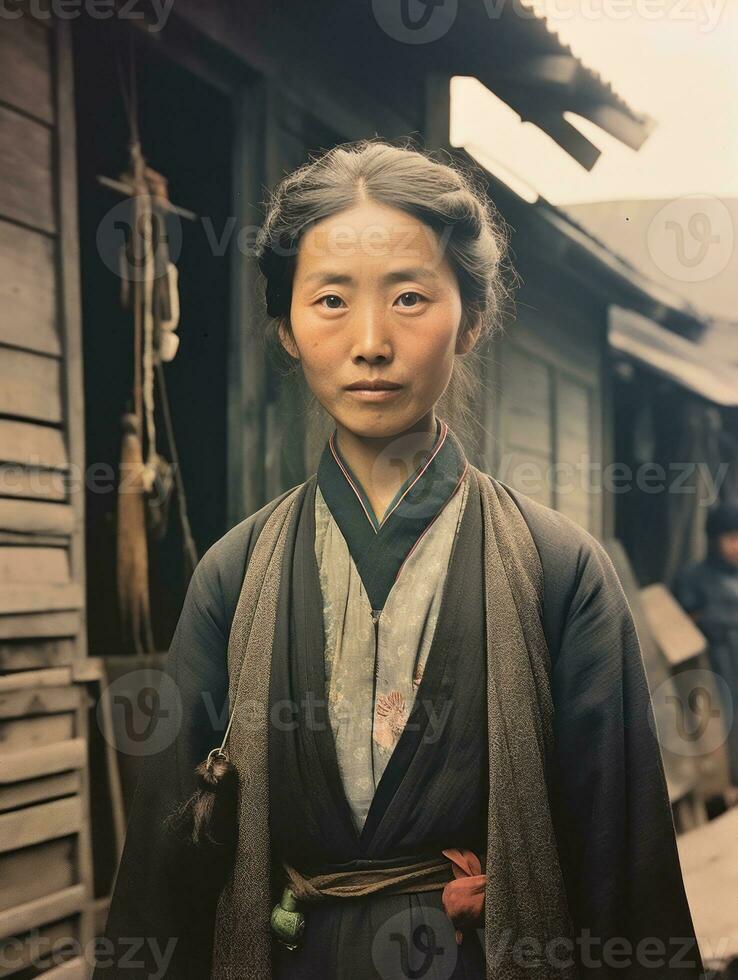 vecchio colorato foto di un' asiatico donna a partire dal il presto 1900 ai generativo