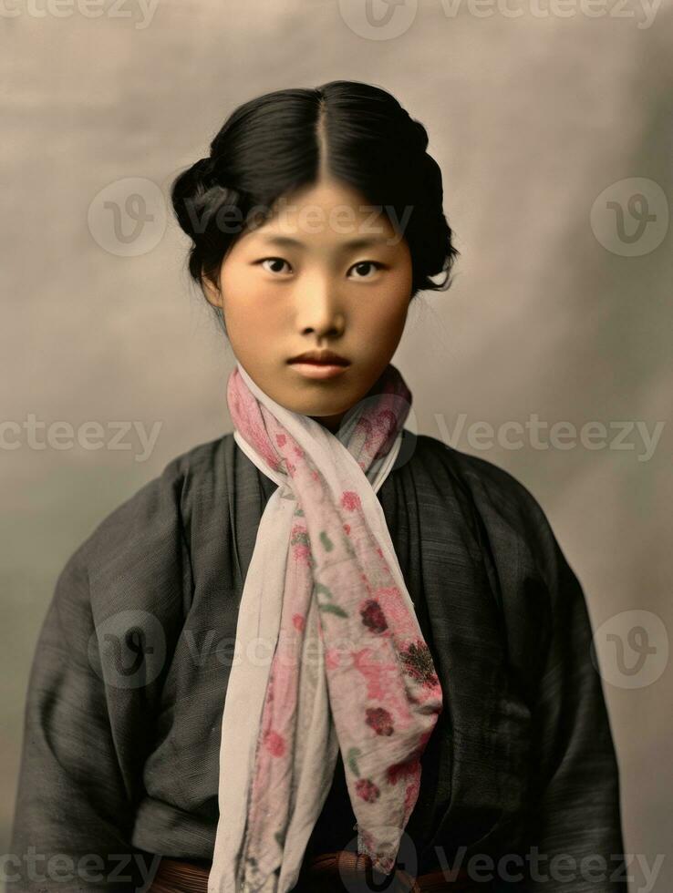 vecchio colorato foto di un' asiatico donna a partire dal il presto 1900 ai generativo