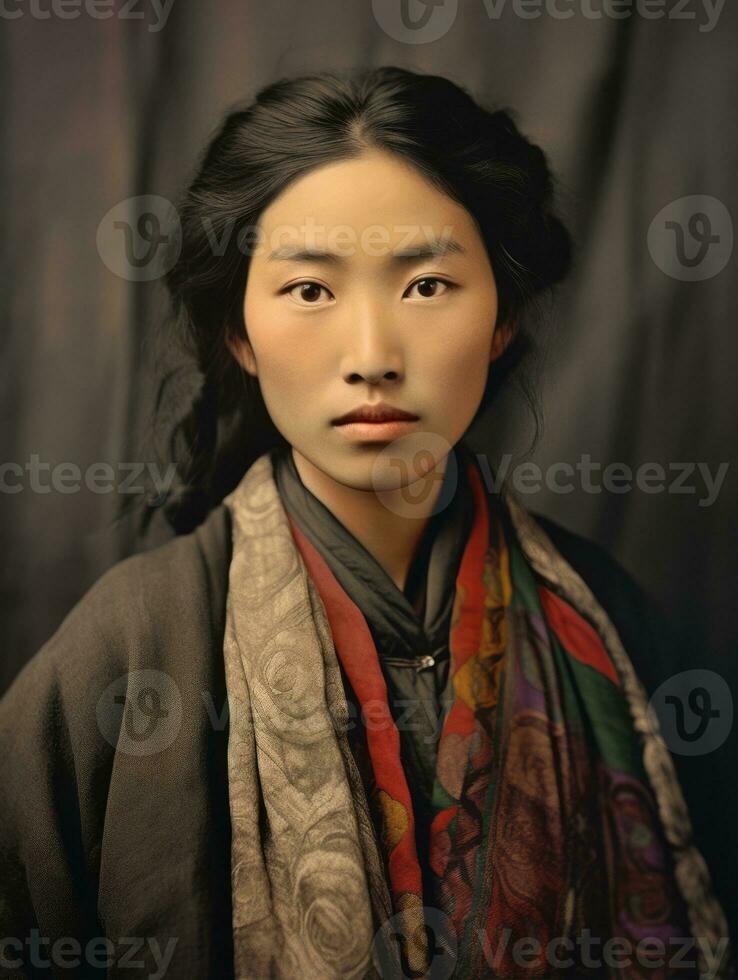 vecchio colorato foto di un' asiatico donna a partire dal il presto 1900 ai generativo