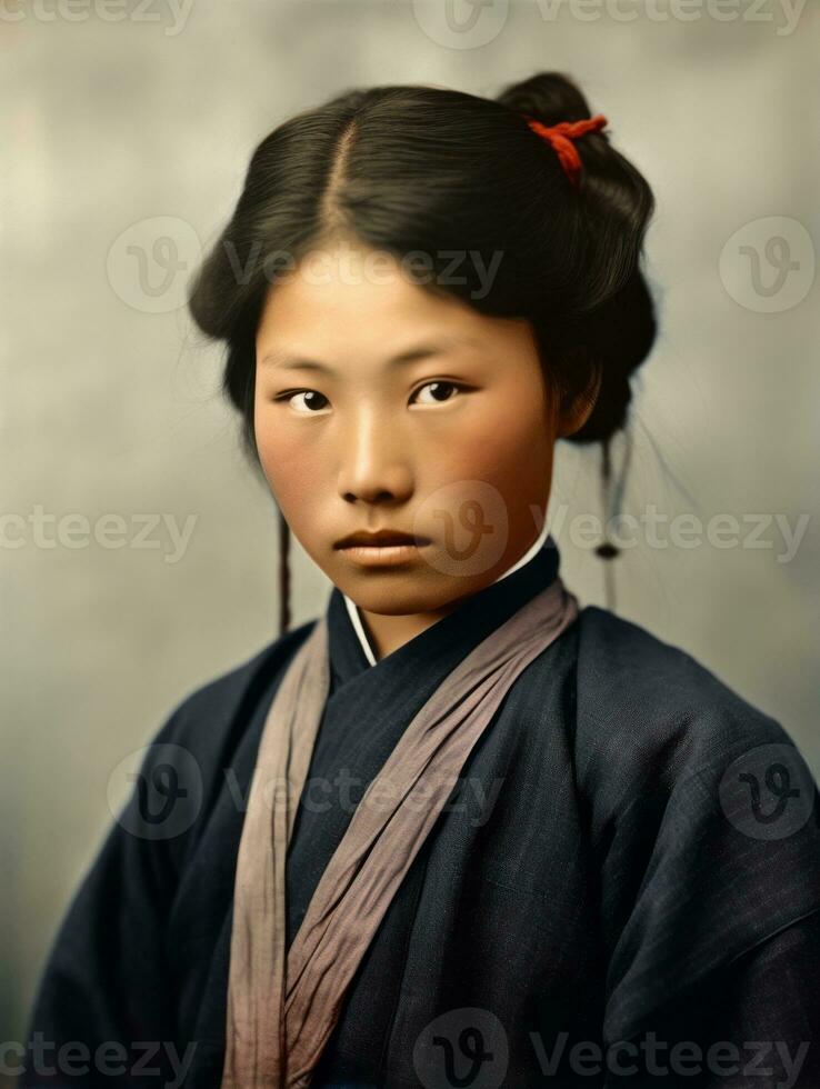 vecchio colorato foto di un' asiatico donna a partire dal il presto 1900 ai generativo